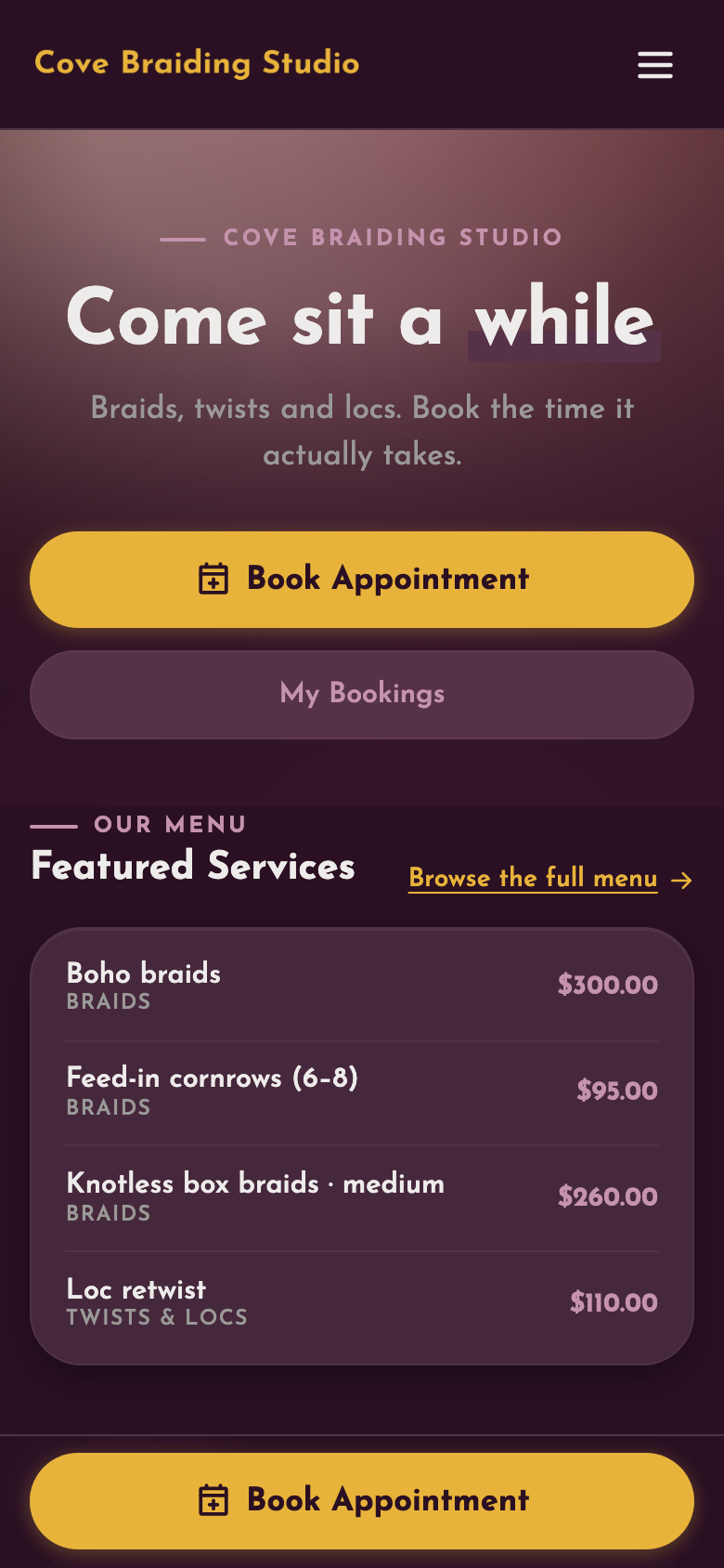 Cove Braiding Studio — Booking home, no photo