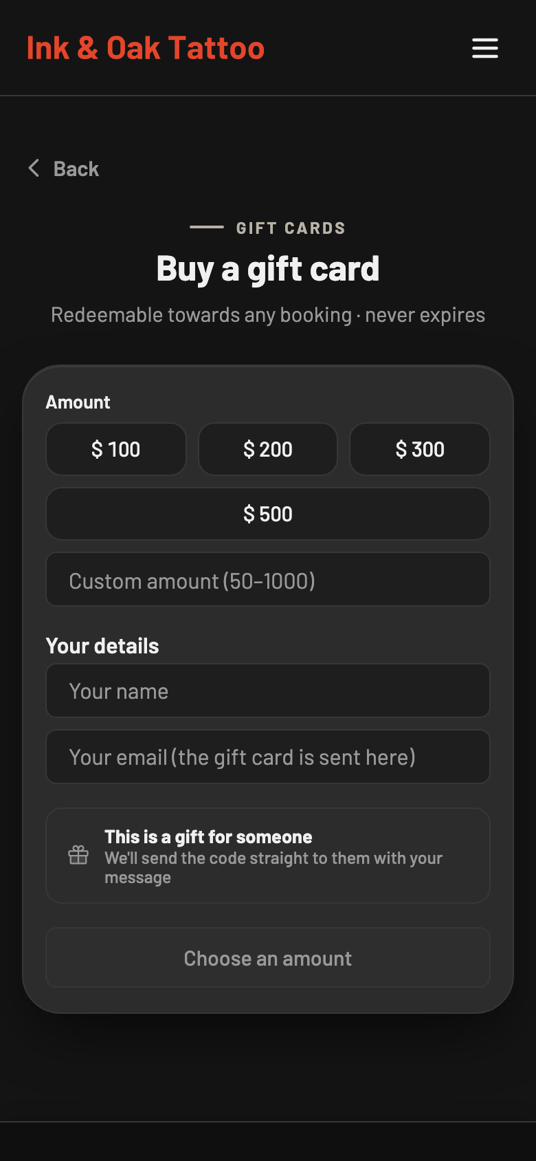 Ink & Oak Tattoo — Buy a gift card