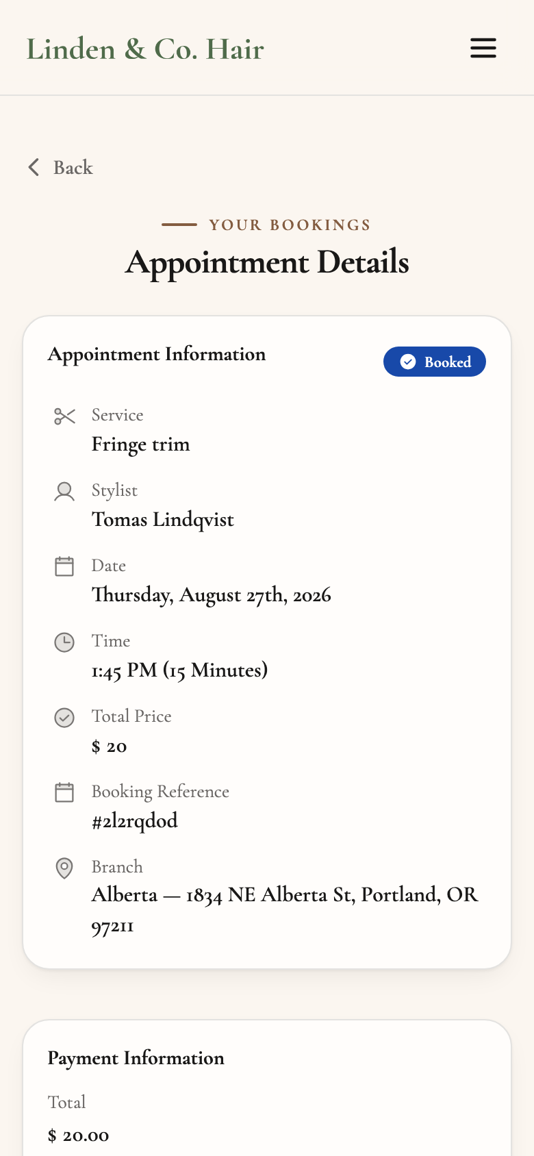 Linden & Co. Hair — Appointment details