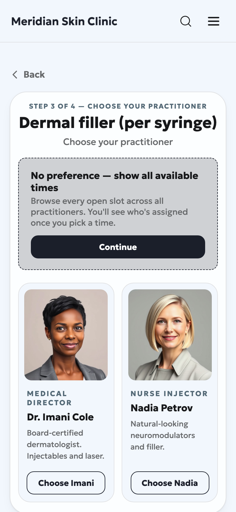 Meridian Skin Clinic — Choose a practitioner