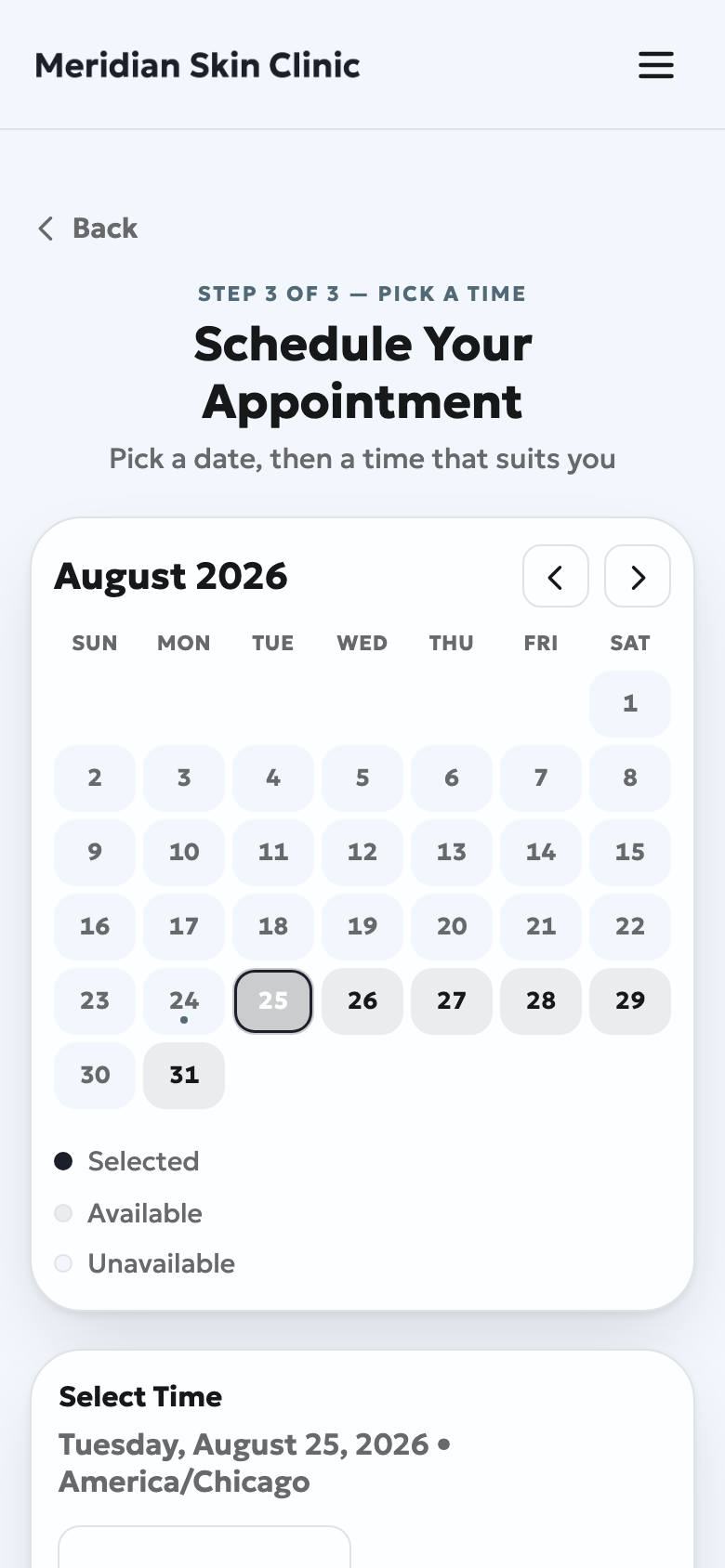 Meridian Skin Clinic — Pick a time