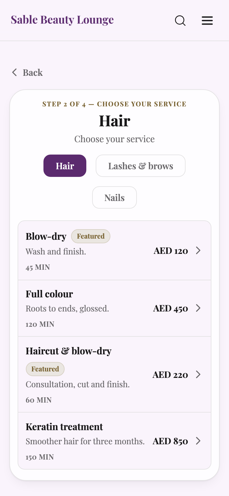 Sable Beauty Lounge — Pick a service
