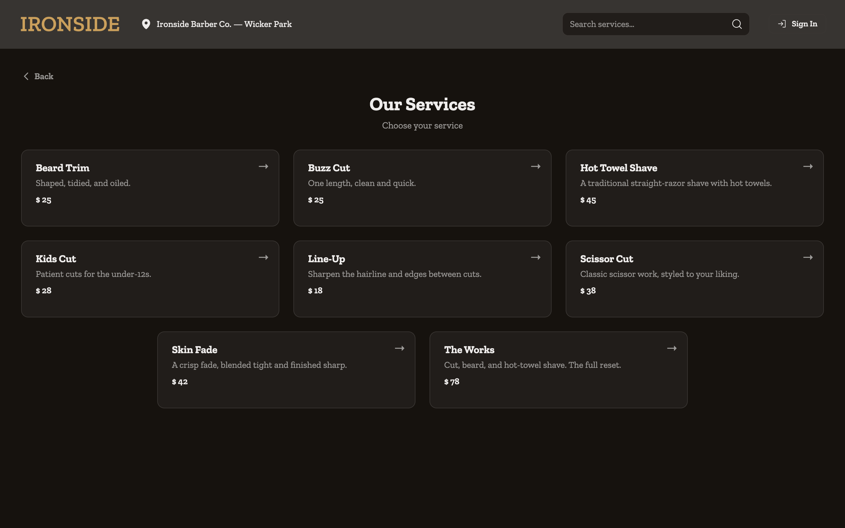 Ironside Barber Co. booking page