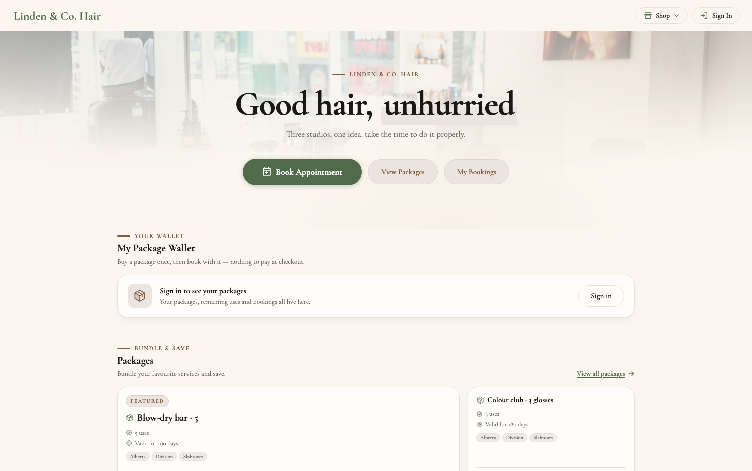 Linden & Co. Hair booking page