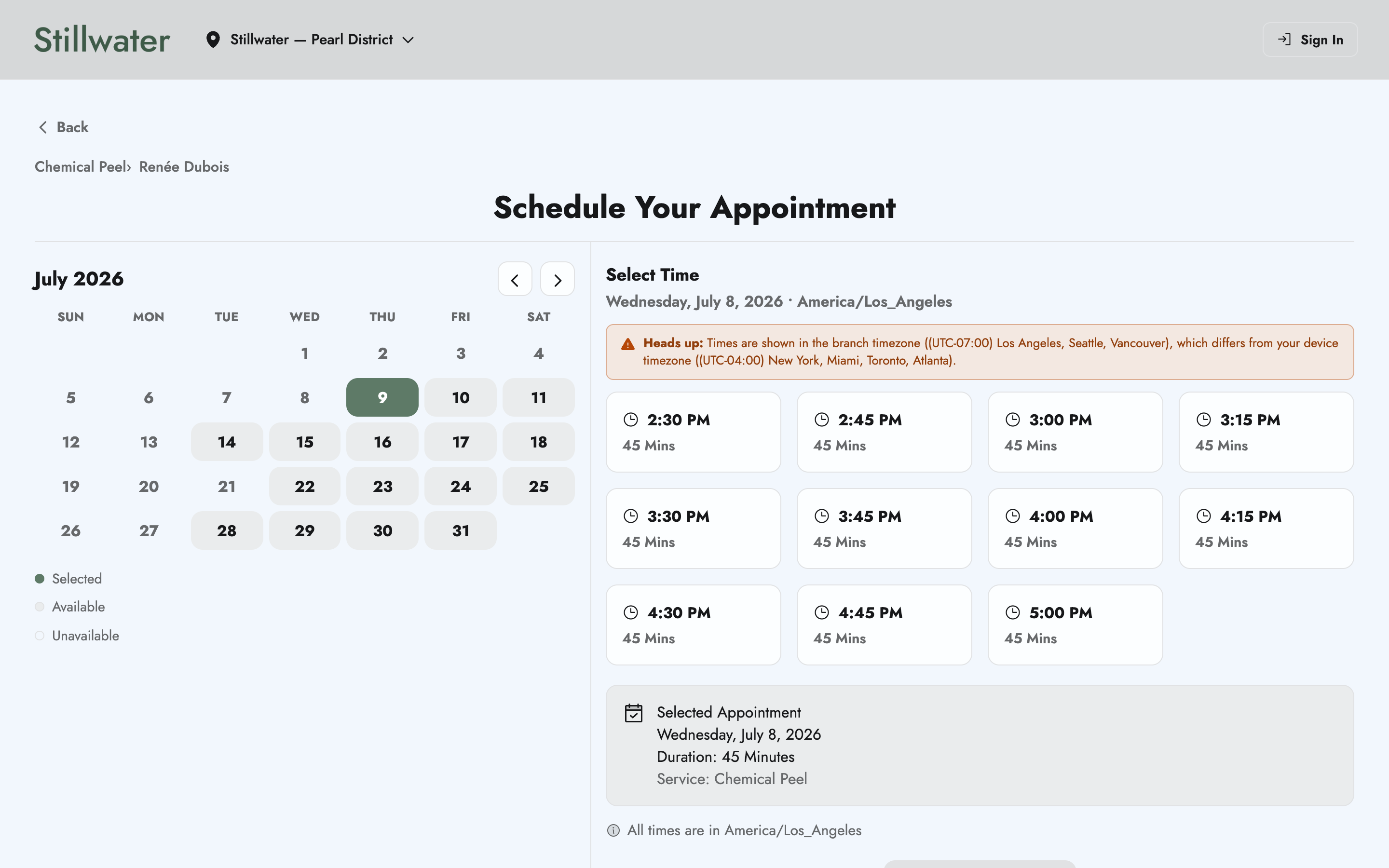 Stillwater Spa booking page