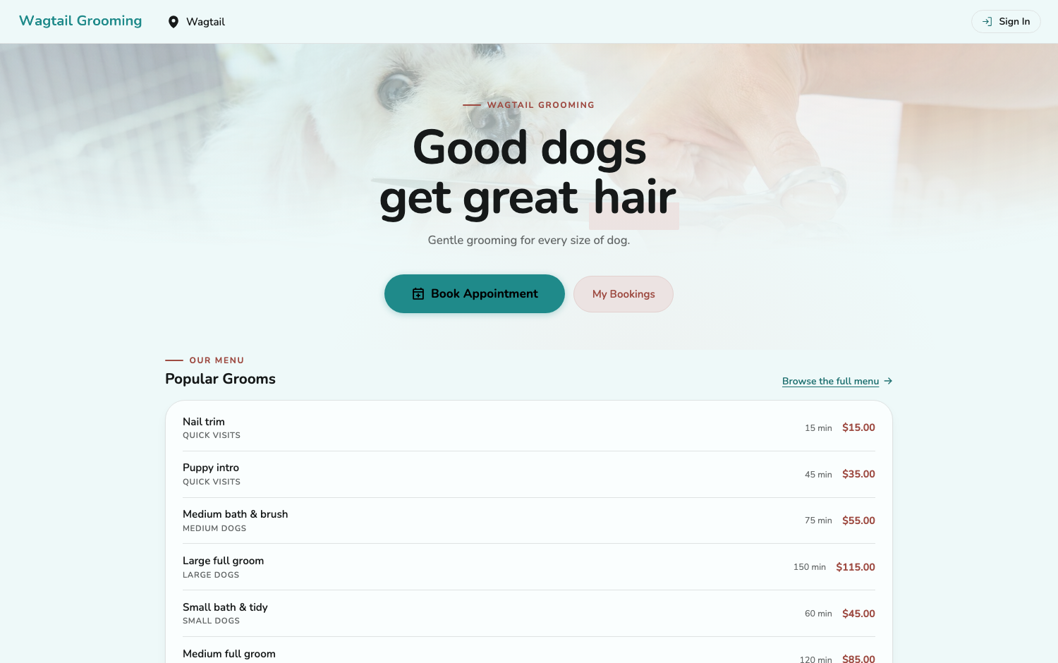 Wagtail Grooming booking page